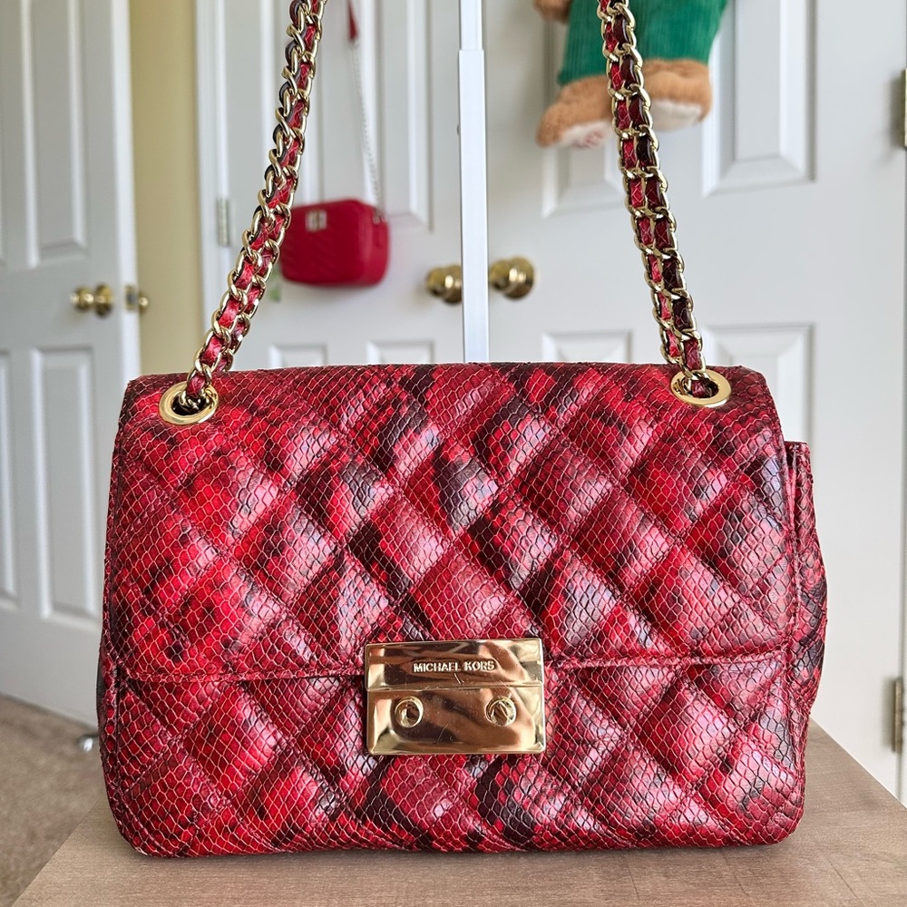 #43. Michael Kors Sloan Large QuiltedEmbossed-Leather ShoulderBag, RedSnakePrint - Picture 2 of 15